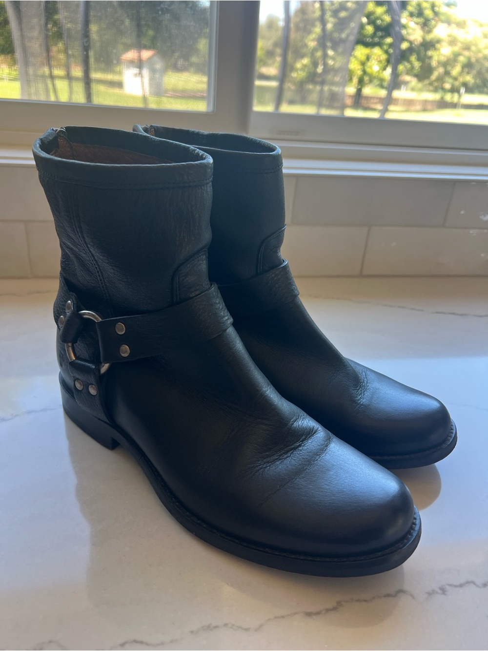 Frye Black Leather Harness Ankle Boots